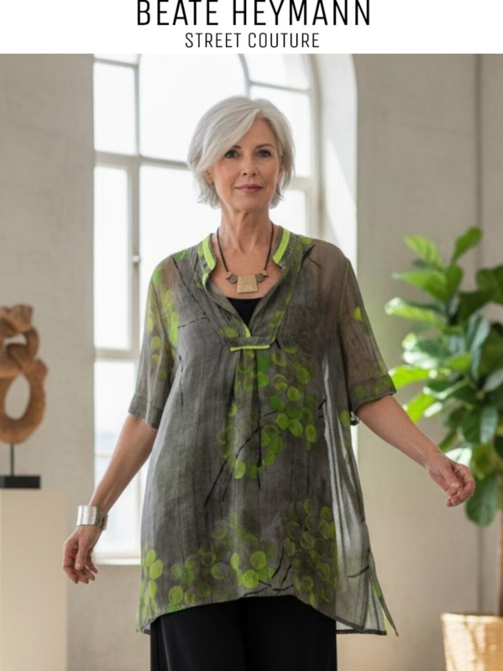 Beate Heymann Street Couture Sheer Art Tunic Top L Abstract Print Lime Rare
